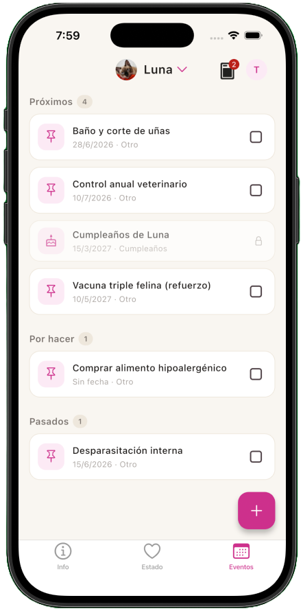 Lista de eventos y recordatorios en Patapet