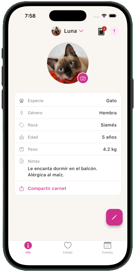 La app Patapet mostrando el perfil de una mascota